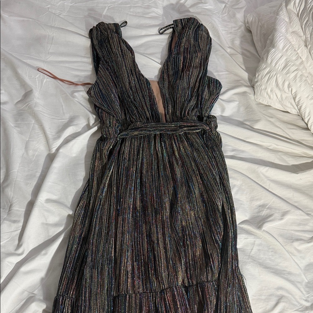Women's V-Neck Metallic Black Multi-Stripe Evening Dress